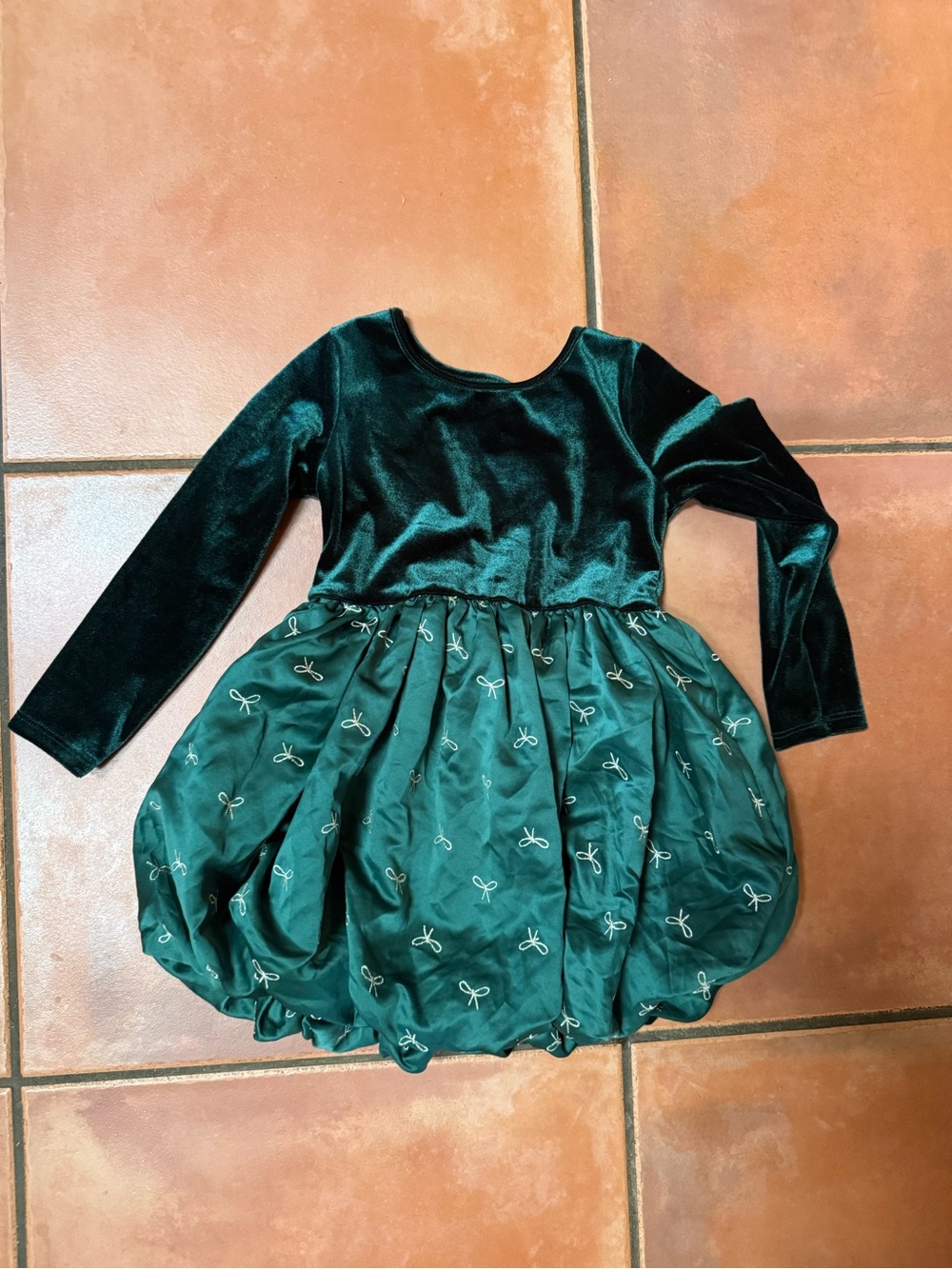 Girls' Deep Green Velvet Bodice Bubble Skirt Dress